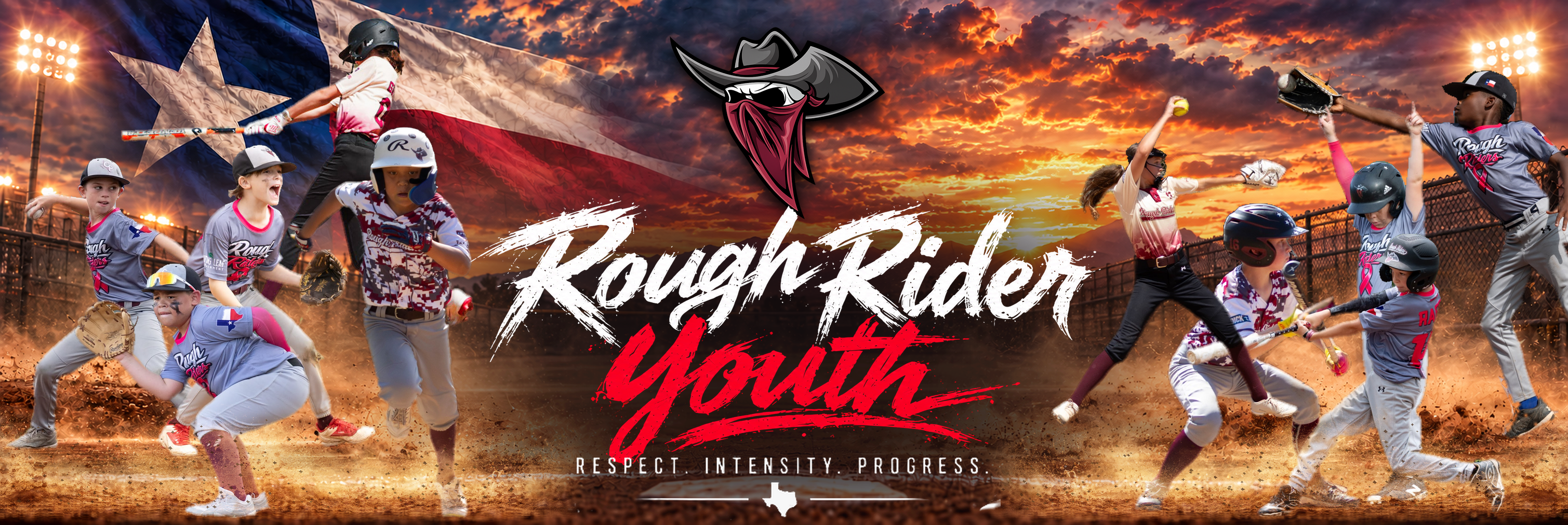 Rough Rider Youth baseball and softball athletes surrounding the Rough Rider Youth logo against a Texas sunset